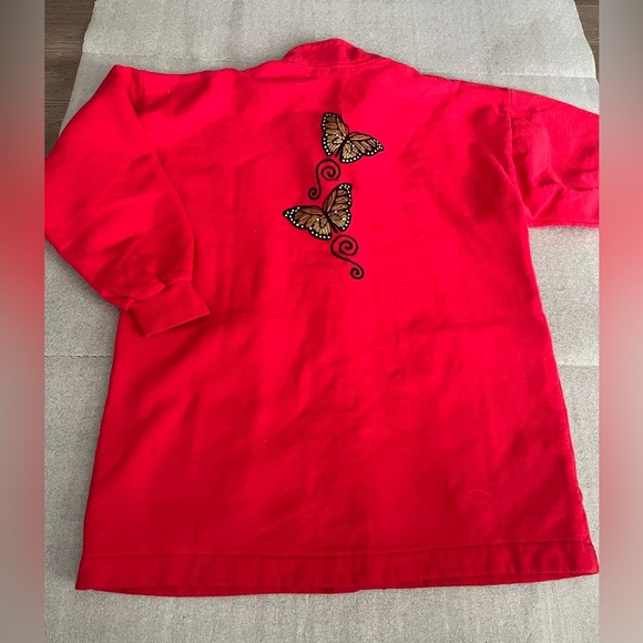 [S]Qualicum Red Cotton Shirt Jacket with Embellished Butterfly Made in Canada - Picture 10 of 10